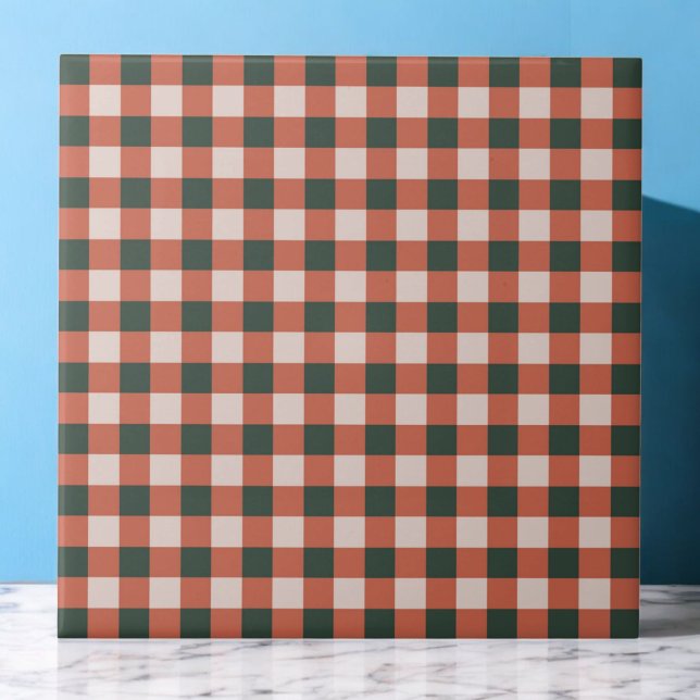 Red & Green Chequered Pattern Retro Minimalist  Ceramic Tile (Creator Uploaded)