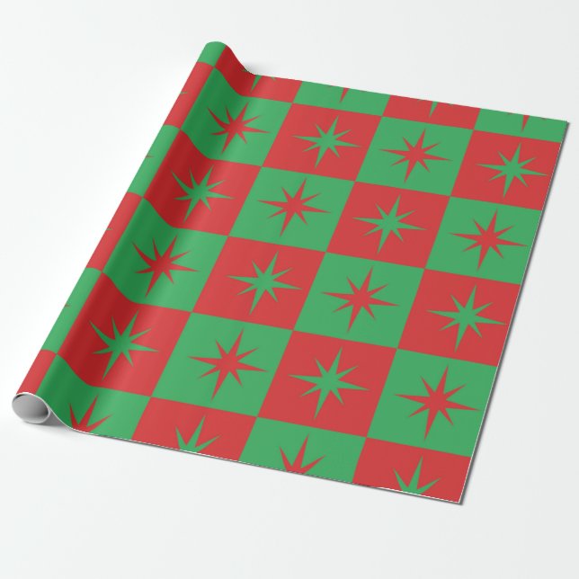 Red green chequered retro Christmas  starbursts  Wrapping Paper (Unrolled)