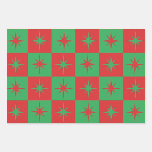 Red green chequered retro Christmas  starbursts   Wrapping Paper Sheet (Front)