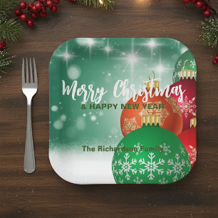 Red Green Christmas Baubles Winter Wonderland Paper Plate