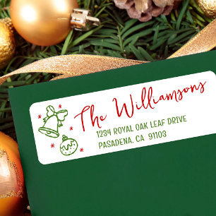 Red Green Christmas Bell Hand Drawn Doodles Script Return Address Label