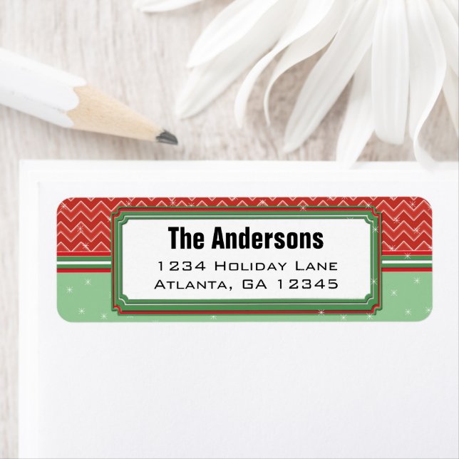 Red Green Christmas Chevron Pattern Return Address Label (Insitu)