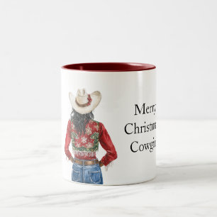 Red Green Christmas Cowgirl Black Hair Two-Tone Coffee Mug