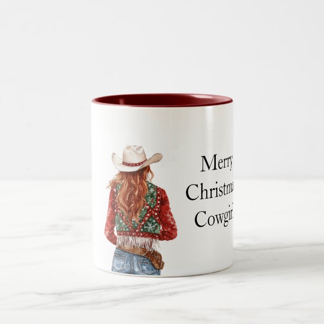 Red Green Christmas Cowgirl Two-Tone Coffee Mug (Center)