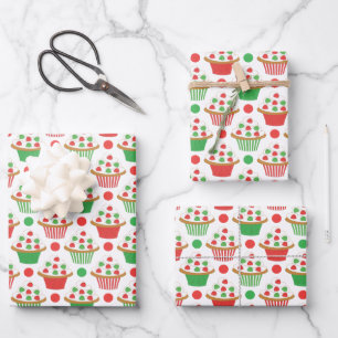 Red Green Christmas Cupcakes Pattern Wrapping Paper Sheet