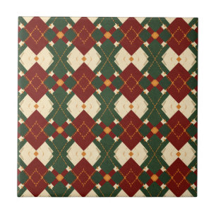 Red Green Christmas Diamond Lattice - Gold Ceramic Tile