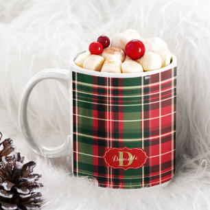 Red Green Christmas Festive Plaid Monogram Holiday Coffee Mug