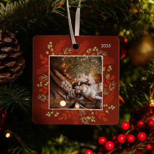 Red & Green Christmas Floral Frame Photo Metal Tree Decoration