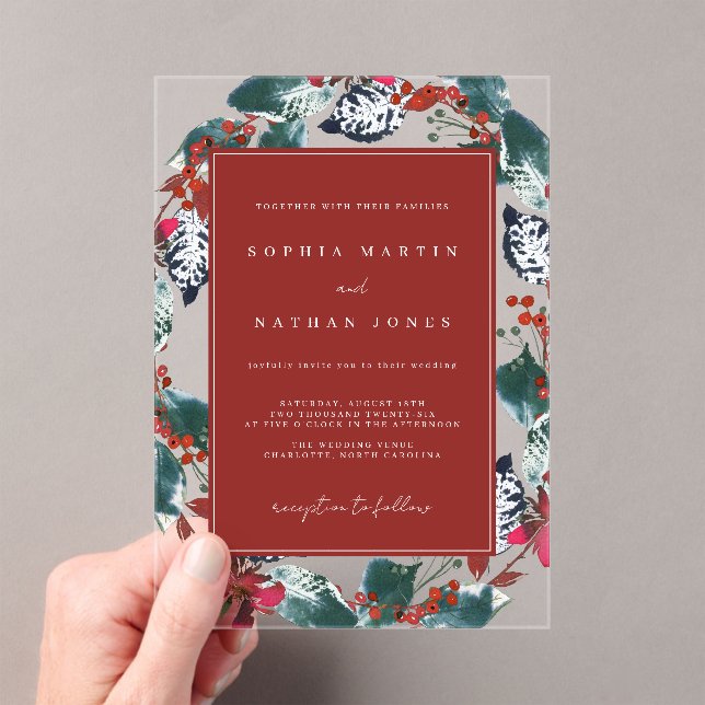 Red Green Christmas Floral Wreath Clear Wedding Acrylic Invitations (Insitu (Handheld))