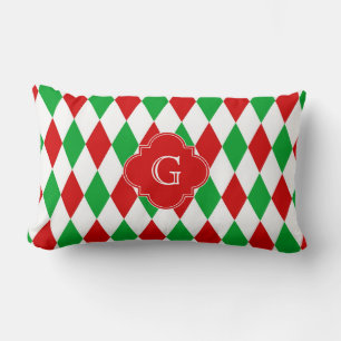 Red Green Christmas Harlequin Quatrefoil Monogram Lumbar Cushion