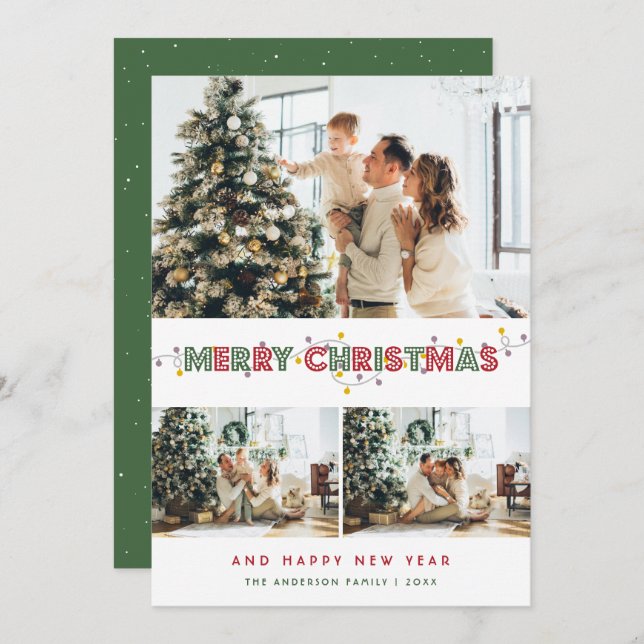 Red Green Christmas Lights 3 Photo Collage Holiday Card (Front/Back)