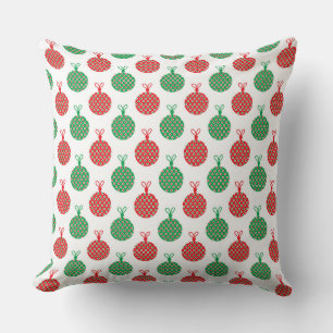 RED & GREEN CHRISTMAS ORNAMENTS & WHITE STARS CUSHION
