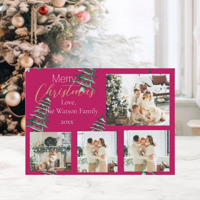  Red Green Christmas Pagoda Trees 5-Photo  Holiday Card (Red Green Christmas Pagoda Trees 5-Photo Holiday Card)