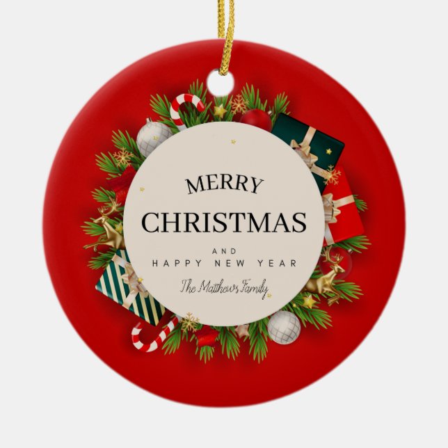 Red Green Christmas Photo  Ceramic Ornament (Front)