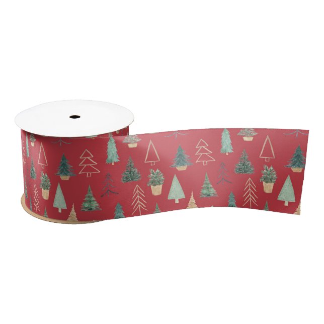 Red green Christmas pine tree pattern Satin Ribbon (Spool)
