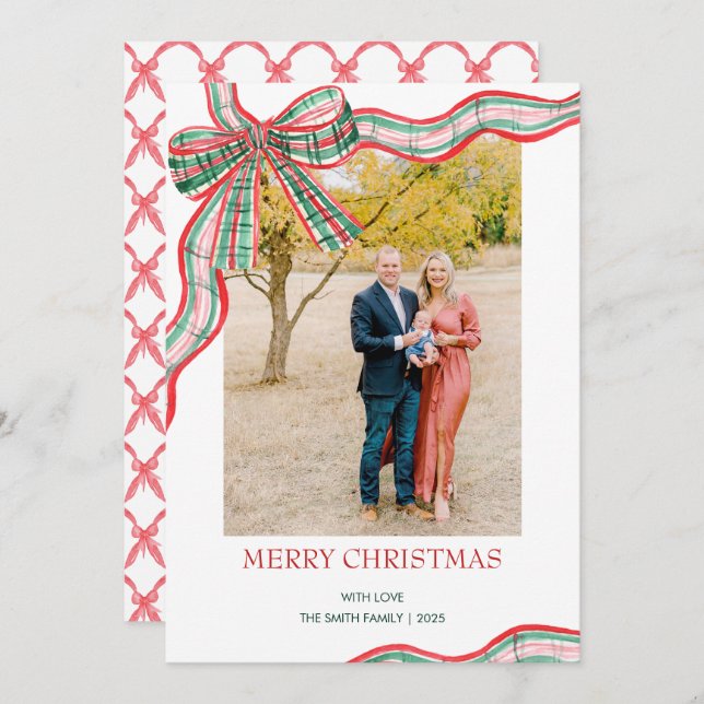 Red & Green Christmas Plaid Bow Photo Holiday Card (Front/Back)