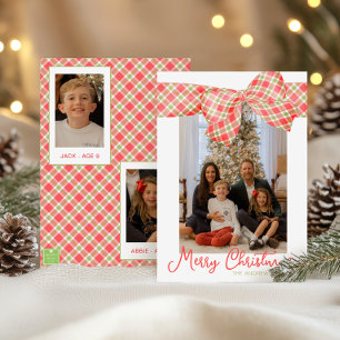 Red & Green Christmas Plaid Bow Wrap Photo Holiday Card