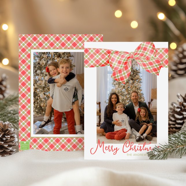 Red & Green Christmas Plaid Bow Wrap Photo Holiday Card (Creator Uploaded)