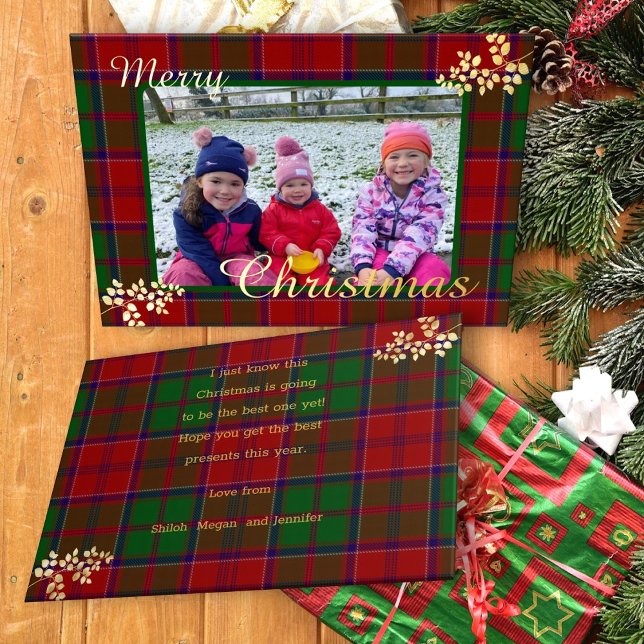 Red Green Christmas Plaid Gold Leaves Family Photo Foil Holiday Card (Creator Uploaded)