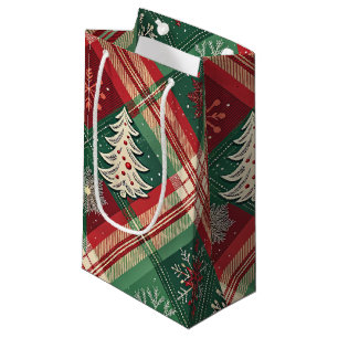 RED & GREEN CHRISTMAS PLAID WITH TREES SMALL GIFT BAG