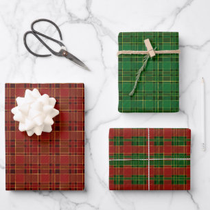 Red Green Christmas Plaid Wrapping Paper  Set of 3