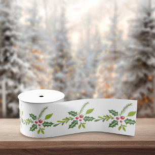 Red Green Christmas Plants Seamless Pattern Grosgrain Ribbon