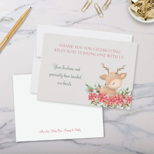 Red Green Christmas Poinsettia Deer Birthday Party Thank You Card