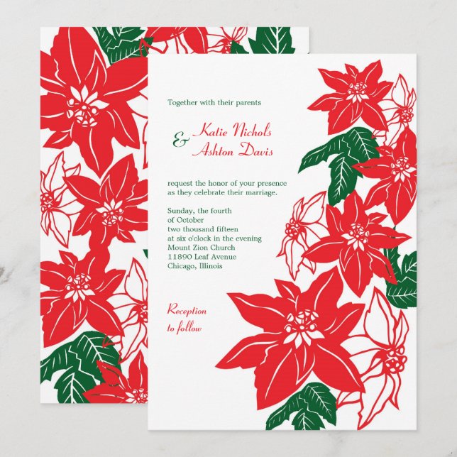 Red & Green Christmas Poinsettias Holiday Wedding Invitation (Front/Back)