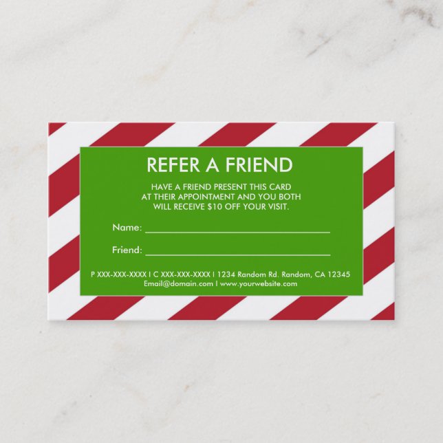 Red green Christmas refer a friend business cards (Front)