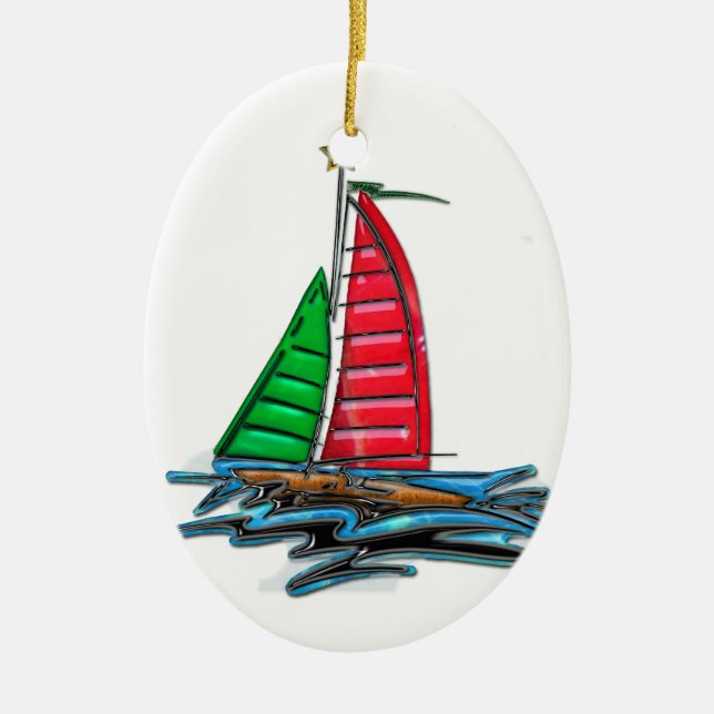 Red & Green Christmas Sailboat Ceramic Ornament (Front)