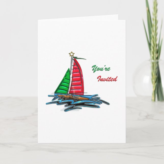 Red & Green Christmas Sailboat Holiday Card (Front)