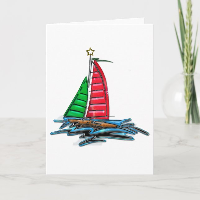 Red & Green Christmas Sailboat Holiday Card (Front)