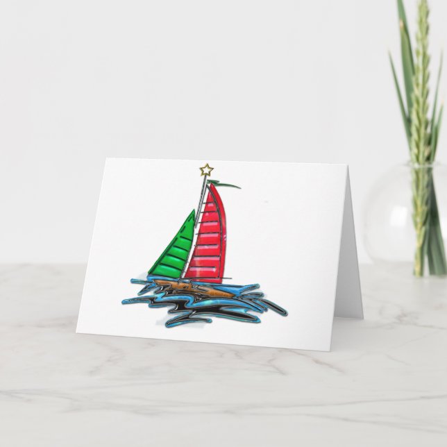 Red & Green Christmas Sailboat Holiday Card (Front)