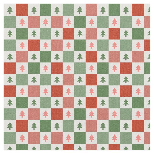 Red Green Christmas Tree Chequerboard Pattern Fabric (Close Up)
