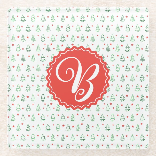 Red & Green Christmas tree  Glass Coaster (Front)