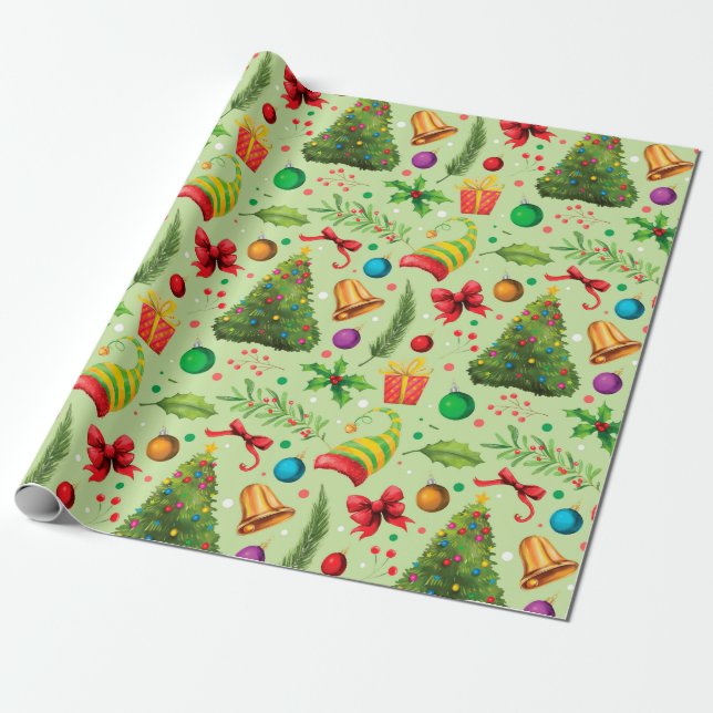 Red Green Christmas Trees Holly Ornaments Wrapping Paper (Unrolled)