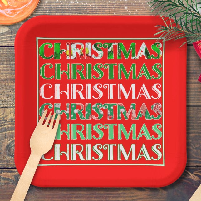 Red Green Christmas Typography Retro Paper Plate (Creator Uploaded)