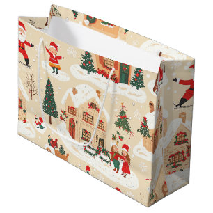 Red Green Christmas Village Snowy Beige Pattern Large Gift Bag