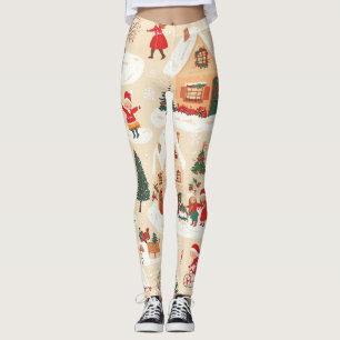 Red Green Christmas Village Snowy Beige Pattern Leggings