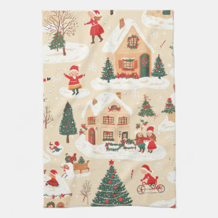 Red Green Christmas Village Snowy Beige Pattern Tea Towel