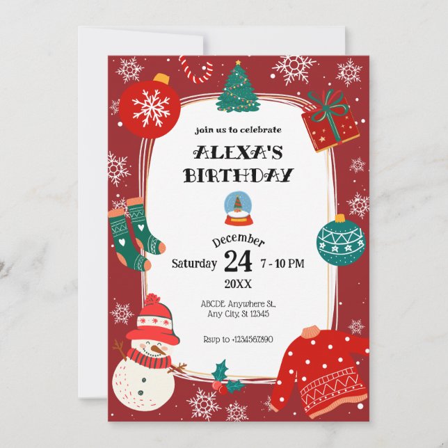 Red green christmas wonderland birthday party invitation (Front)