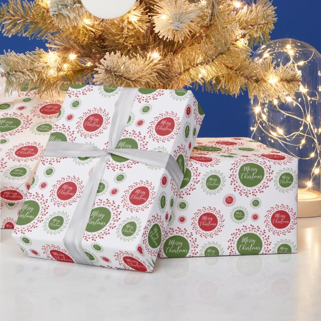 Red & Green Christmas Wreath Pattern Wrapping Paper (Holidays)