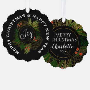 RED & GREEN CHRISTMAS WREATH, PERSONALIZED TREE DECORATION CARD