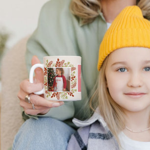 Red & Green Classic Floral Frame Christmas Photo Coffee Mug