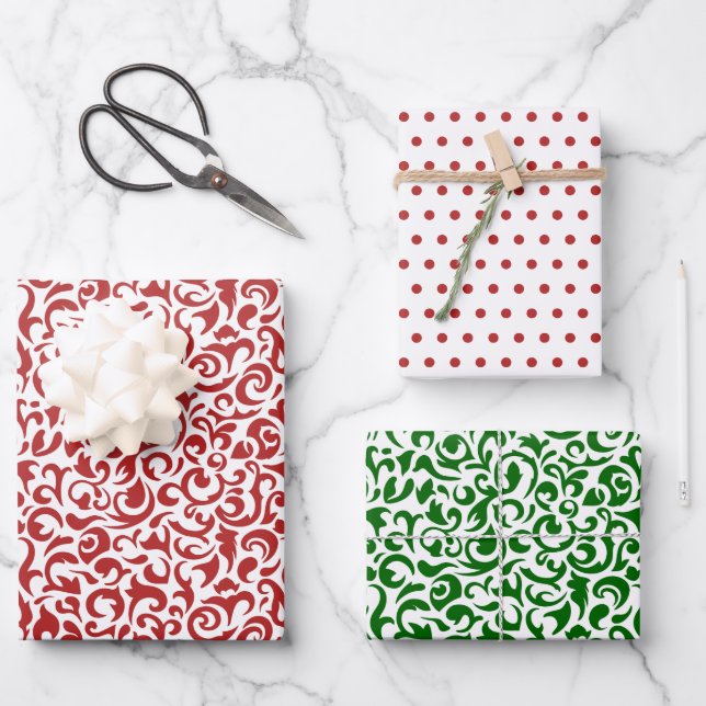 Red Green Coloured Damask Polkadots On Crisp White Wrapping Paper Sheet (Front)