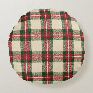 Red Green Cream Plaid Stripes Christmas Round Cushion