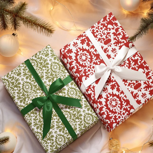 Red Green Damask Pattern Christmas Wrapping Paper Sheet (Creator Uploaded)