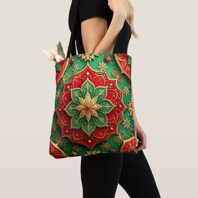 Red Green Decorative Christmas Holiday Tote Bag (Close Up)