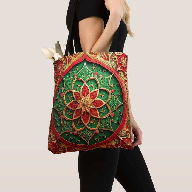 Red Green Decorative Christmas Holiday Tote Bag (Close Up)