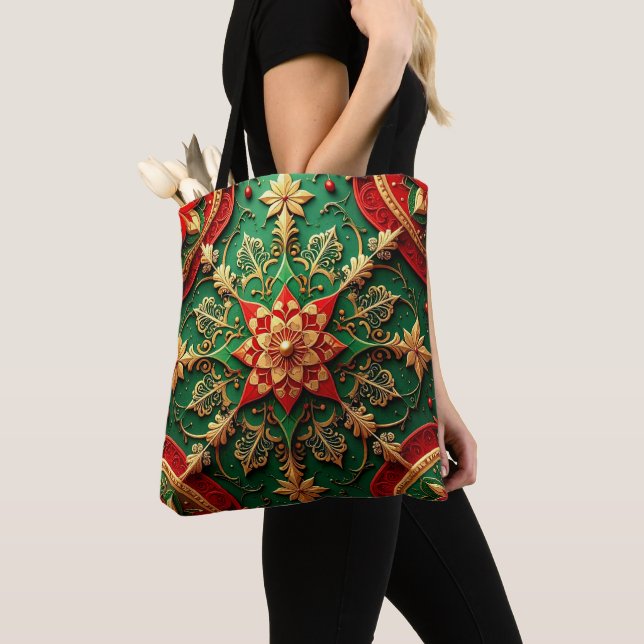 Red Green Decorative Christmas Holiday Tote Bag (Close Up)